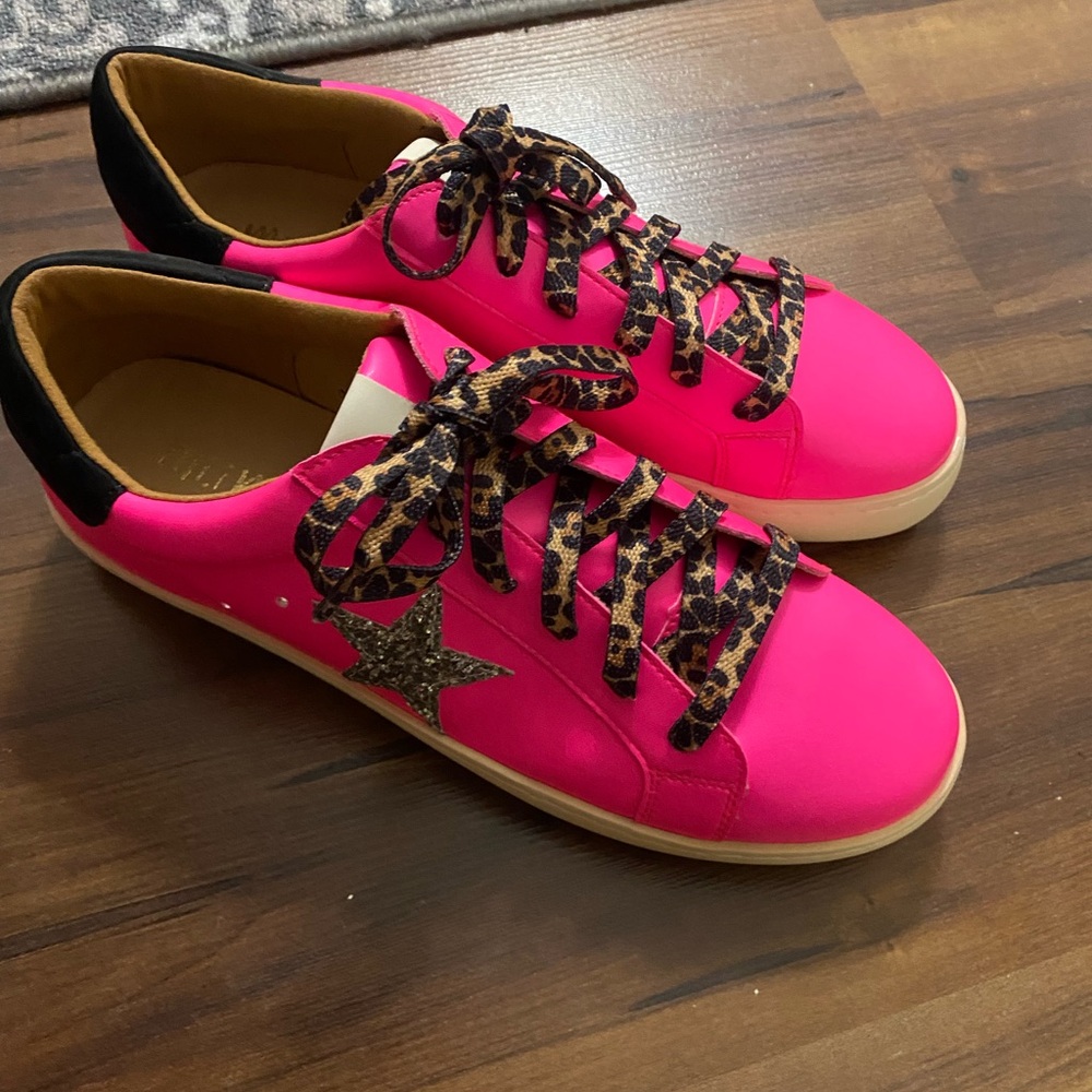 Neon Pink and Black Sneakers with Leopard Laces